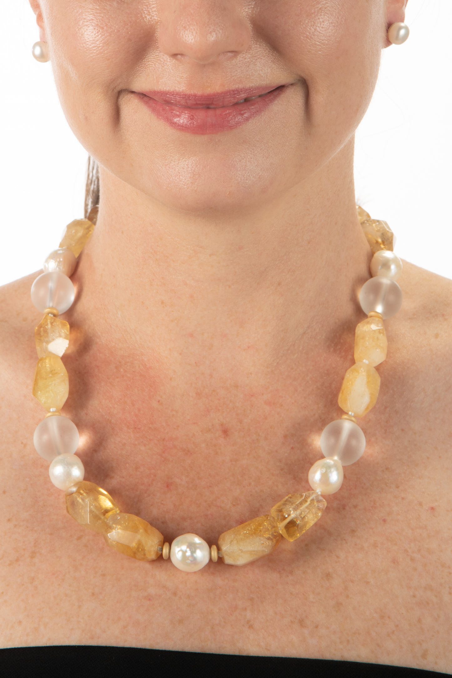 Collana di citrino, vetro satinato e perla Edison