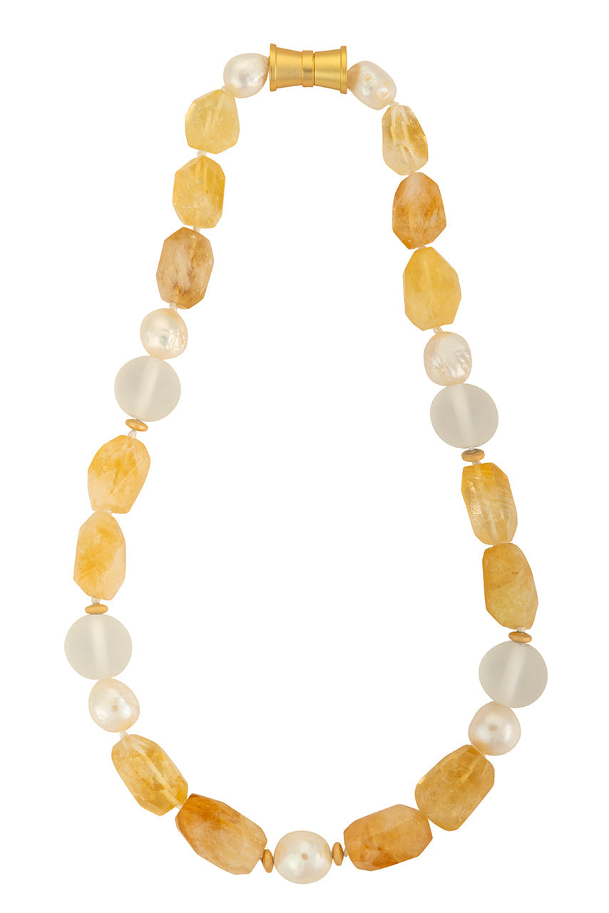 Collana di citrino, vetro satinato e perla Edison