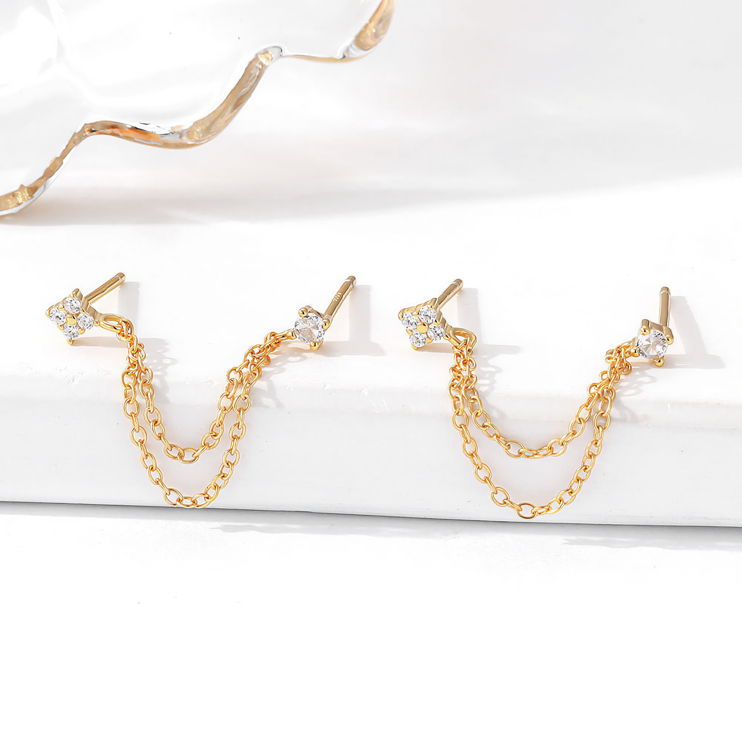 Diamond Chain Stud Earrings | Hypoallergenic Gold Plated S925 Silver 2