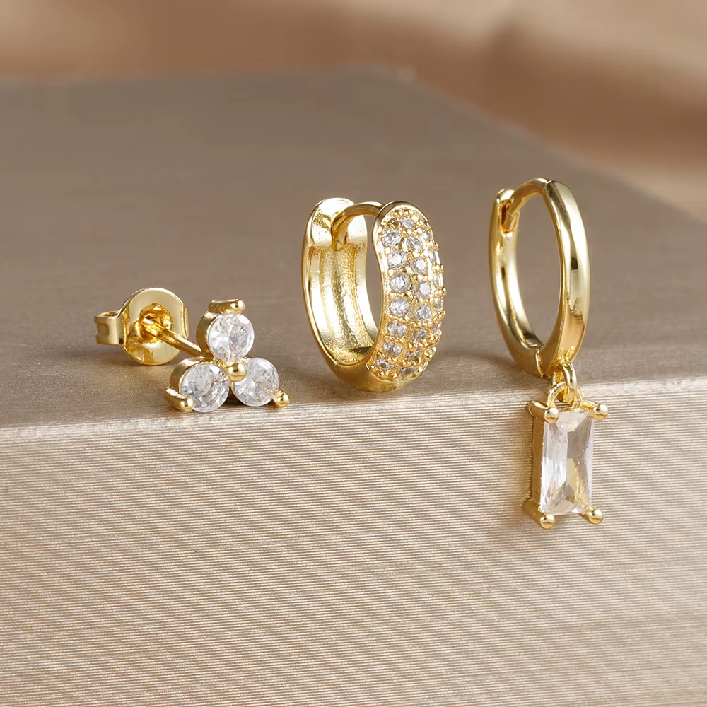 Earring Set | 3 Pairs of Dainty 18K Gold Brass Vermeil Earrings 0