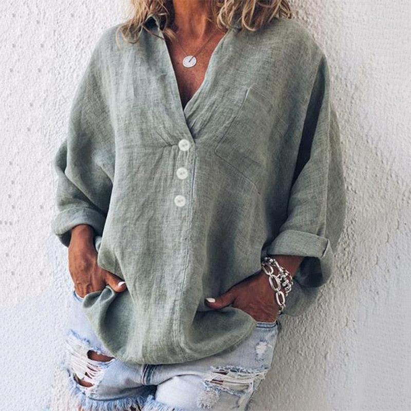 Elegant Linen Blouse | Oversized Linen Shirt with V-Neck & Button Front 0