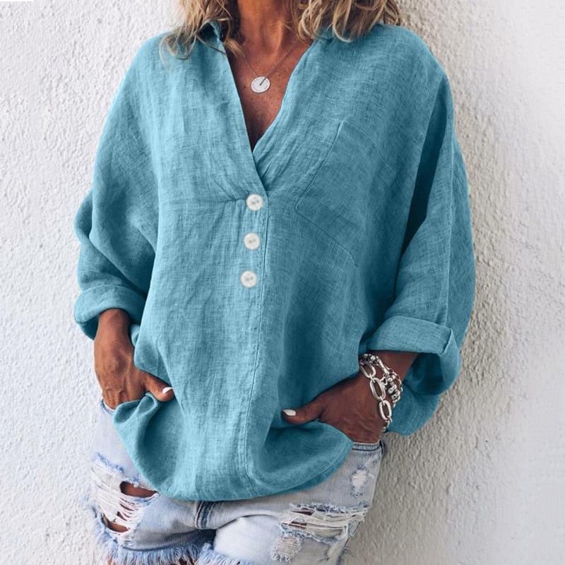 Elegant Linen Blouse | Oversized Linen Shirt with V-Neck & Button Front 1