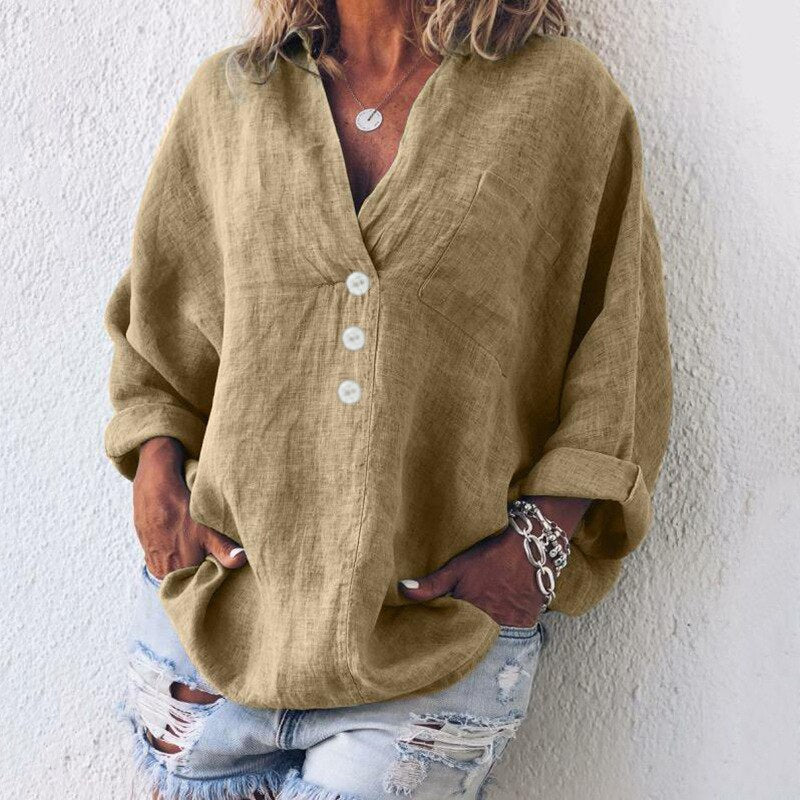 Elegant Linen Blouse | Oversized Linen Shirt with V-Neck & Button Front 2