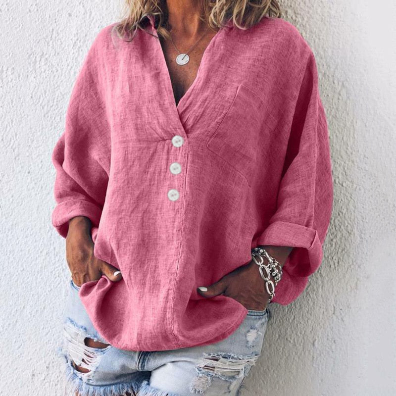 Elegant Linen Blouse | Oversized Linen Shirt with V-Neck & Button Front 3