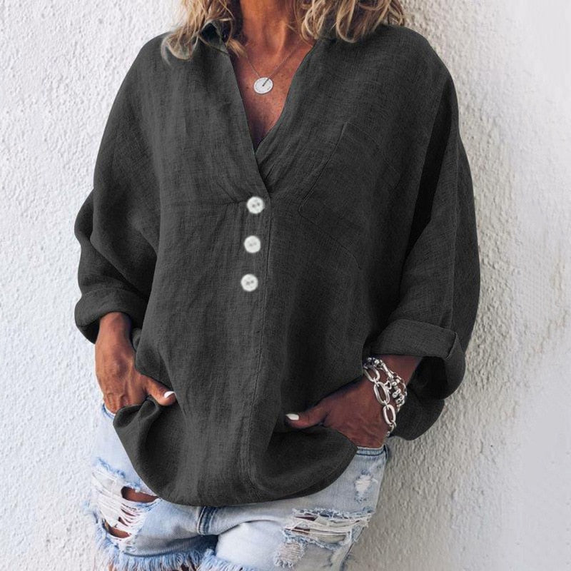Elegant Linen Blouse | Oversized Linen Shirt with V-Neck & Button Front 4