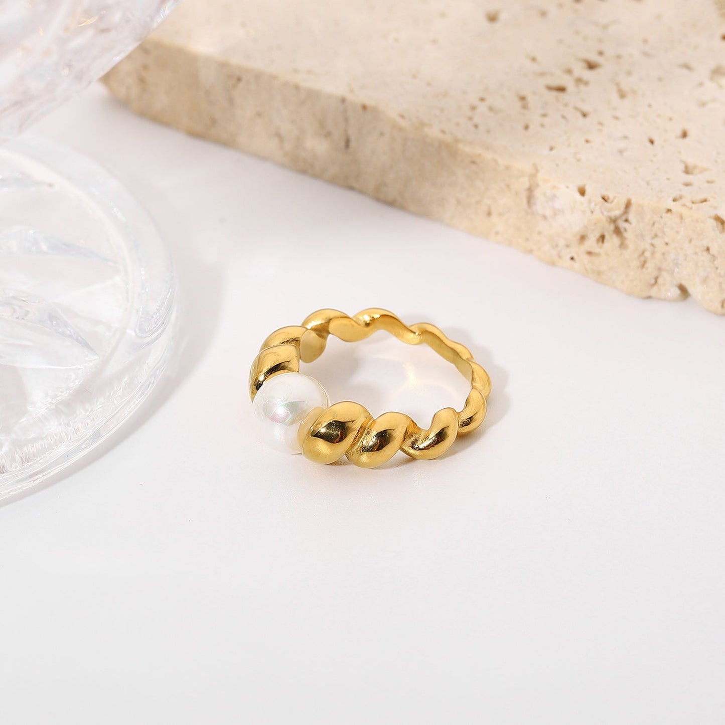 Freshwater Pearl Ring | Textured 18k Gold Band with Hypoallergenic Design 6