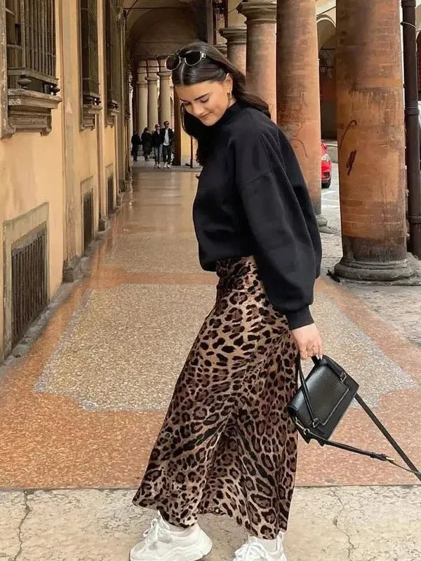 Maxi Skirt | Flowing Satin with Bold Leopard Print & Comfortable Fit 1