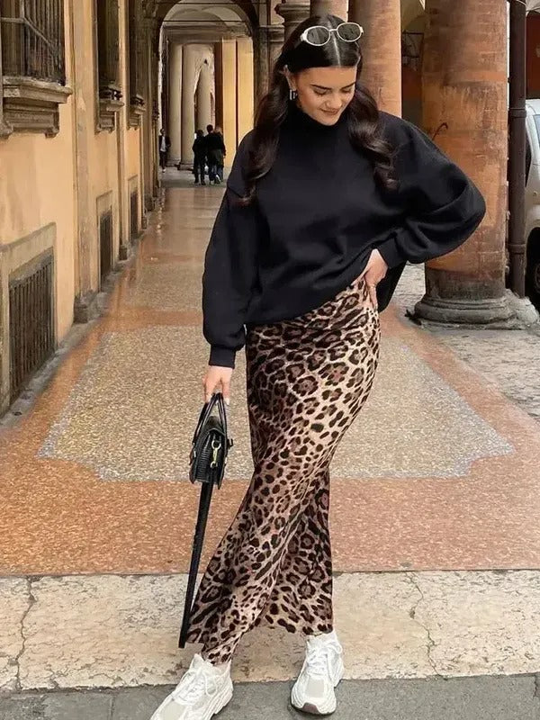 Maxi Skirt | Flowing Satin with Bold Leopard Print & Comfortable Fit 4