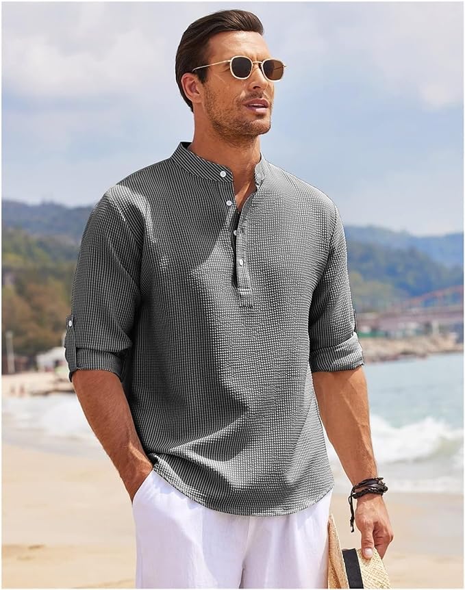 Stylish Men's Shirt | Roll-Up Sleeves with Stand Collar & Check Pattern 1