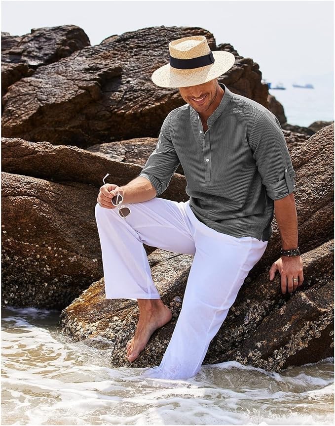 Stylish Men's Shirt | Roll-Up Sleeves with Stand Collar & Check Pattern 2