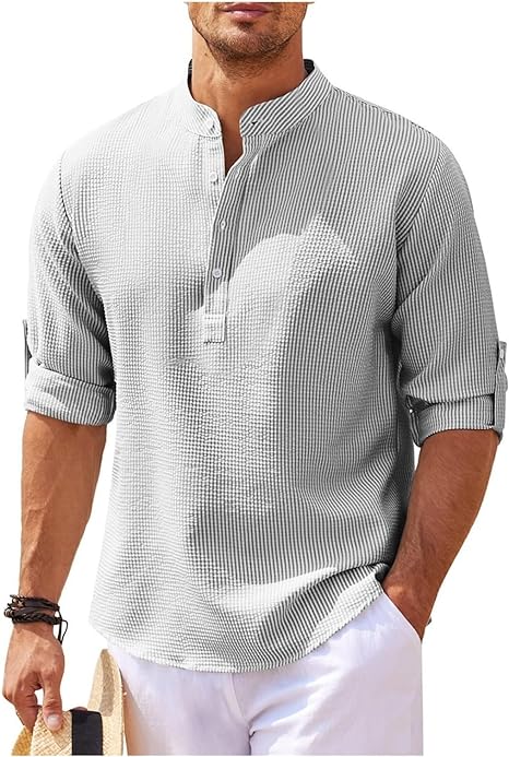Stylish Men's Shirt | Roll-Up Sleeves with Stand Collar & Check Pattern 9