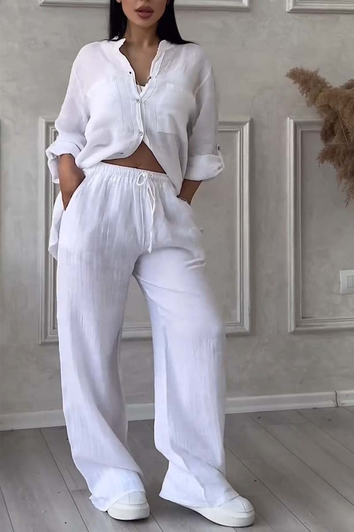 Stylish Women's Loungewear Set | Relaxed-Fit Linen Blend Shirt & Wide-Leg Trousers 1