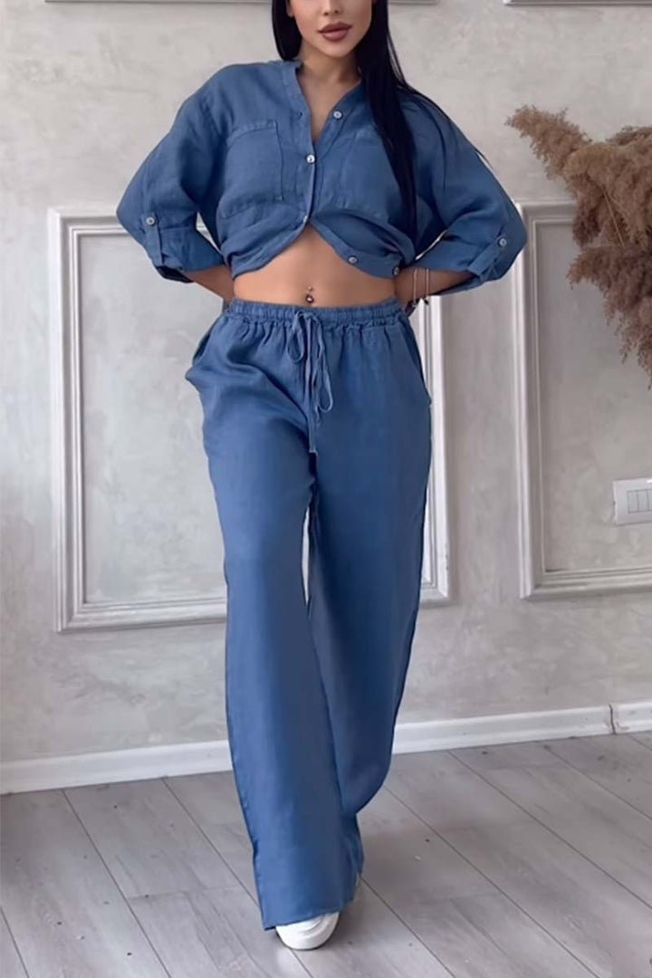 Stylish Women's Loungewear Set | Relaxed-Fit Linen Blend Shirt & Wide-Leg Trousers 2