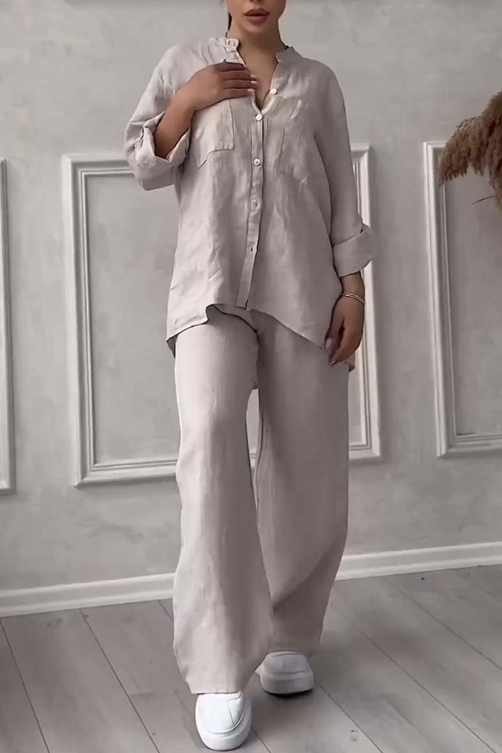 Stylish Women's Loungewear Set | Relaxed-Fit Linen Blend Shirt & Wide-Leg Trousers 3