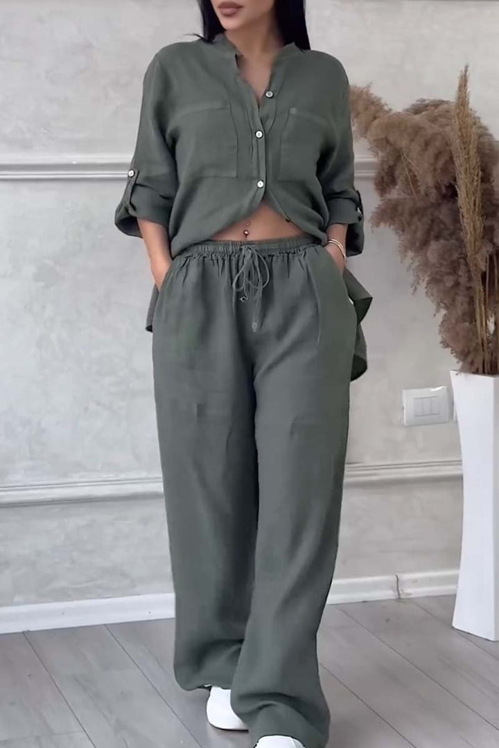 Stylish Women's Loungewear Set | Relaxed-Fit Linen Blend Shirt & Wide-Leg Trousers 4