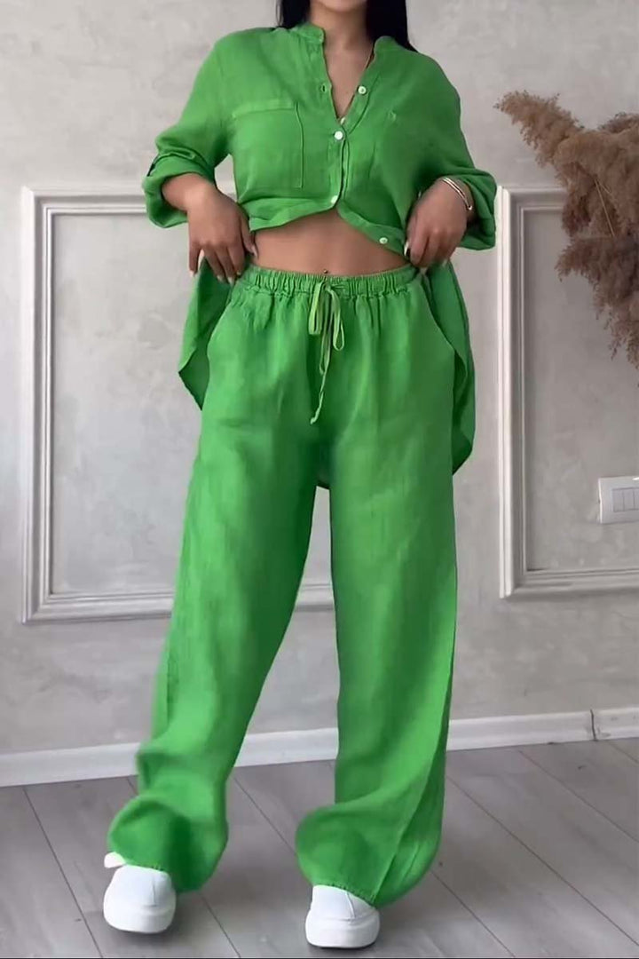 Stylish Women's Loungewear Set | Relaxed-Fit Linen Blend Shirt & Wide-Leg Trousers 6