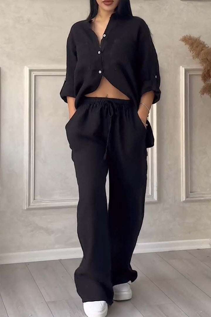 Stylish Women's Loungewear Set | Relaxed-Fit Linen Blend Shirt & Wide-Leg Trousers 7