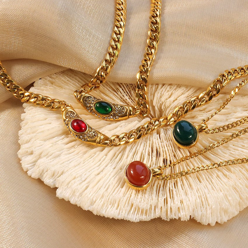 Vintage Necklace | 18K Waterproof Gold with Gemstone Simulant Pendant 6