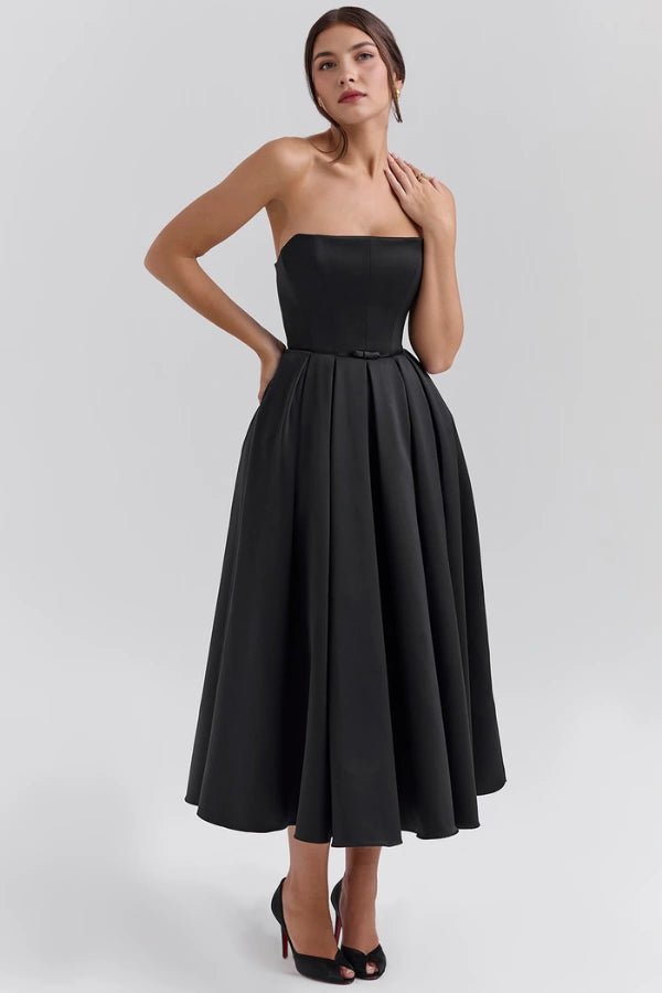Wedding Guest Dresses | Strapless Corseted Midi Sundress with Pleated Skirt 11