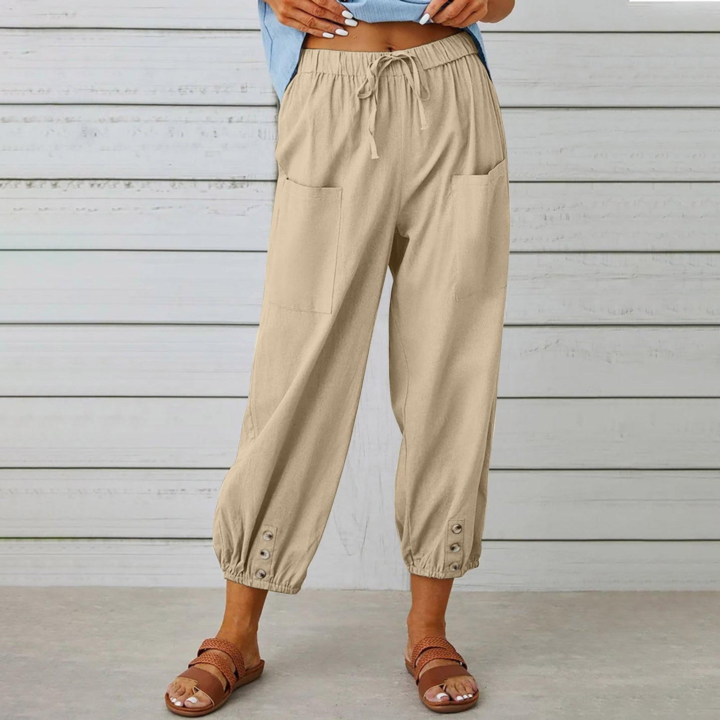 Women's Cropped Pants | Cotton Linen Blend with Drawstring Waist 1