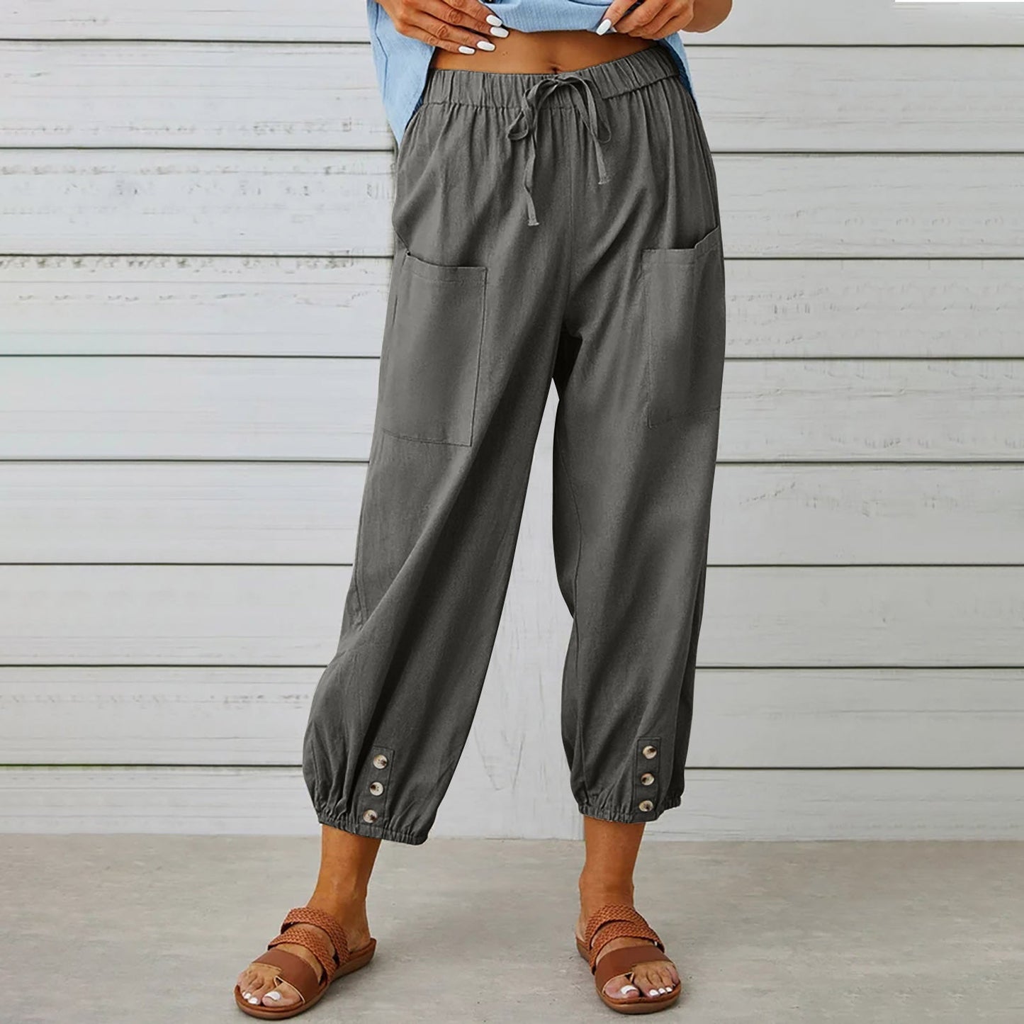 Women's Cropped Pants | Cotton Linen Blend with Drawstring Waist 2