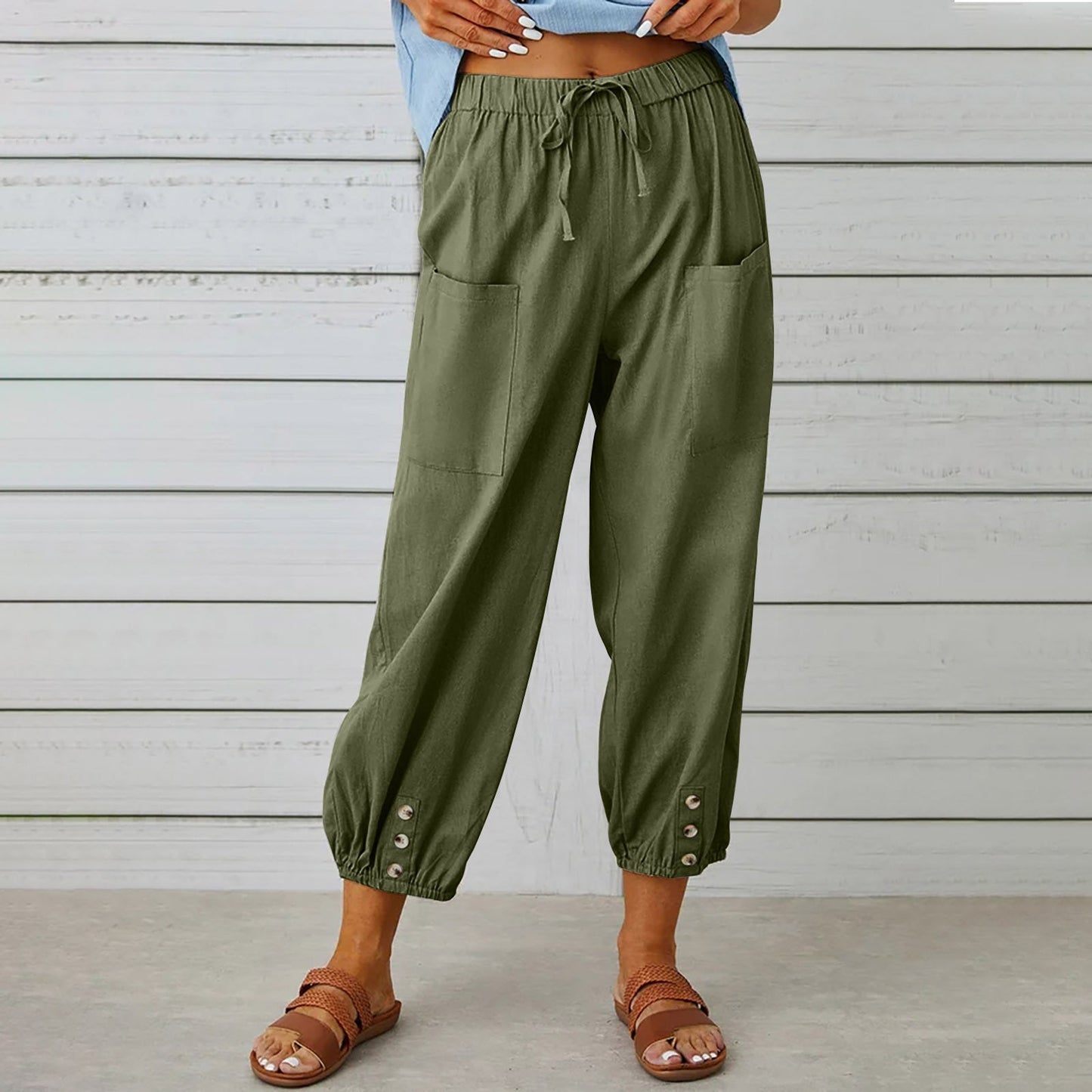 Women's Cropped Pants | Cotton Linen Blend with Drawstring Waist 4