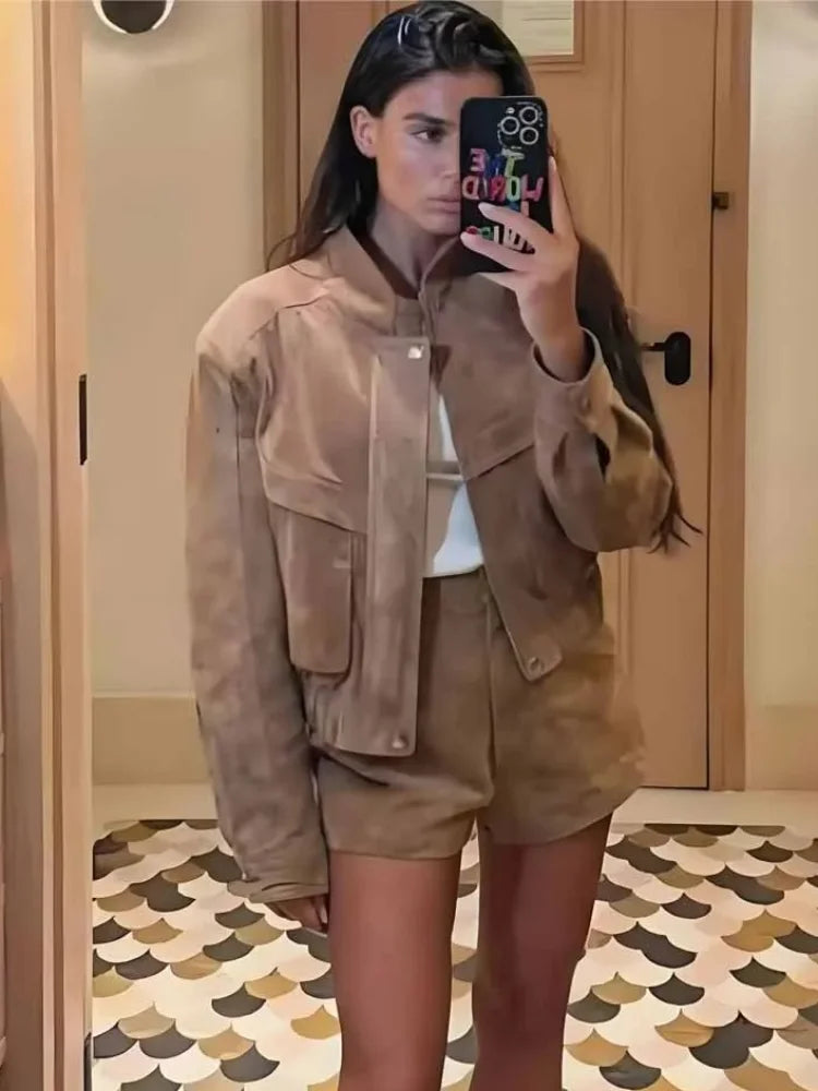 Women's Jacket | Vintage Suede Short with Loose Fit and Zipper Pockets 6