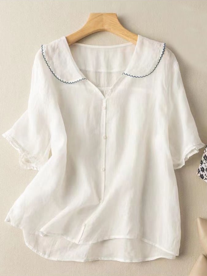 Women's Retro Blouse with Doll Collar – Cotton Linen Blend Short Sleeve Shirt 1