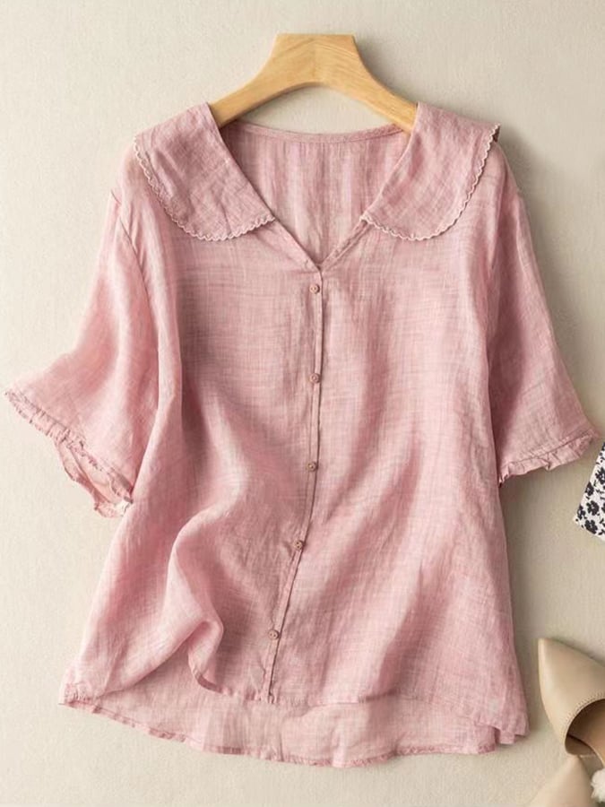 Women's Retro Blouse with Doll Collar – Cotton Linen Blend Short Sleeve Shirt 2