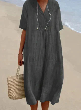 Women's Summer Dress - Relaxed Fit Linen V-Neck Short Sleeve Lightweight and Breathable 3