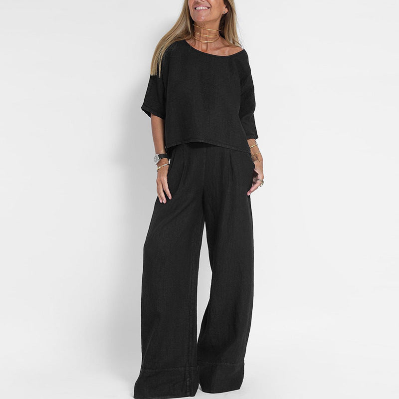 Women's Two Piece Set | Relaxed Fit Linen Blend Co Ord Set with Wide-Leg Trousers 1