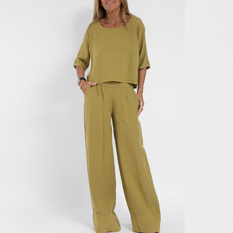 Women's Two Piece Set | Relaxed Fit Linen Blend Co Ord Set with Wide-Leg Trousers 2