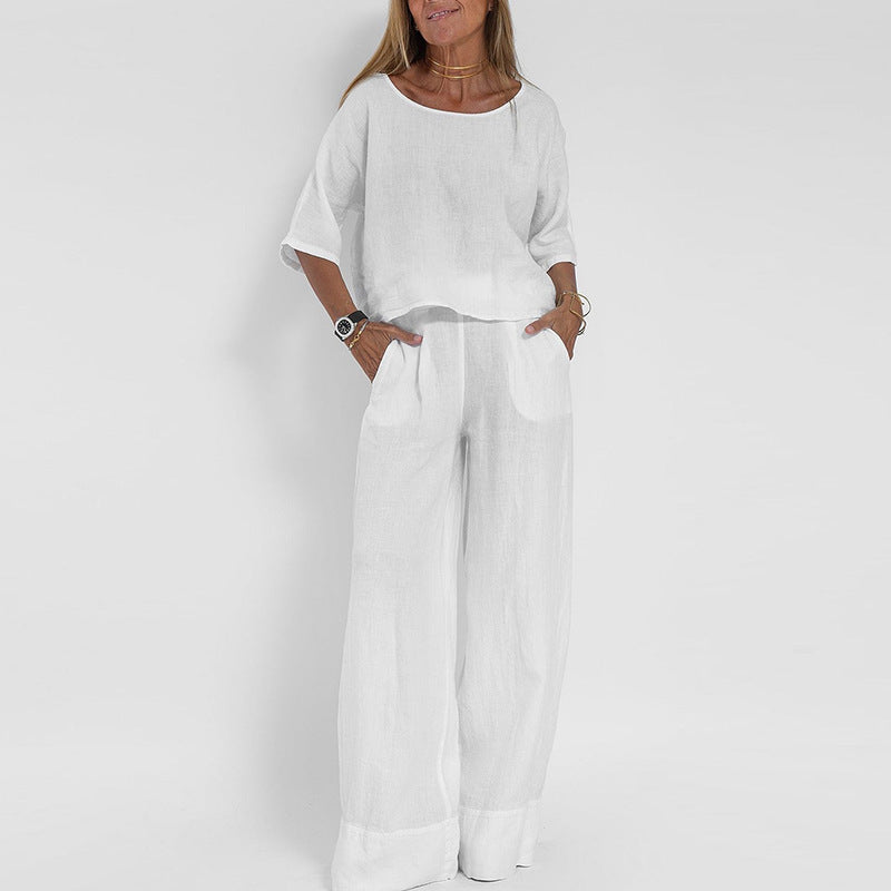 Women's Two Piece Set | Relaxed Fit Linen Blend Co Ord Set with Wide-Leg Trousers 3