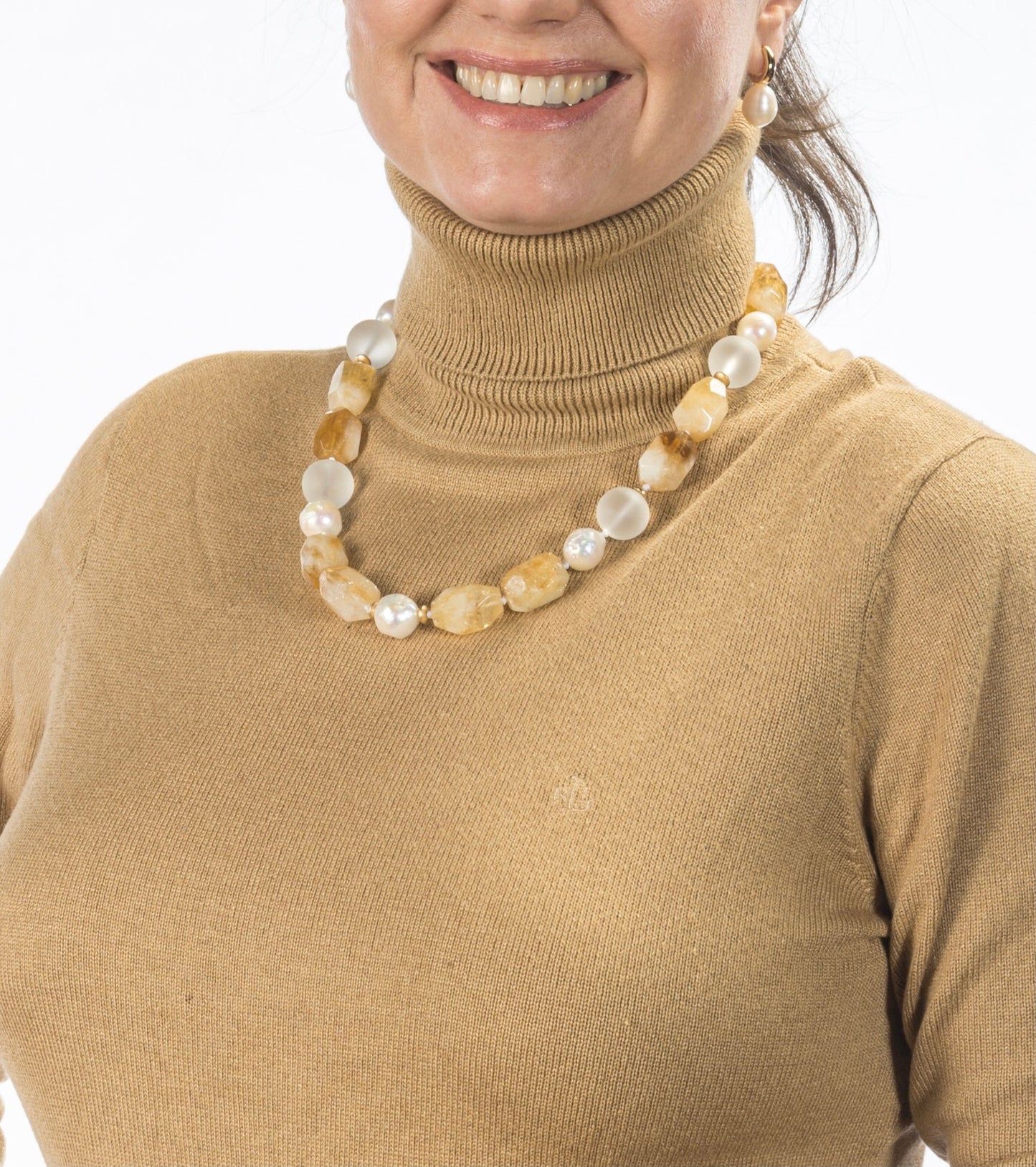 Collana di citrino, vetro satinato e perla Edison
