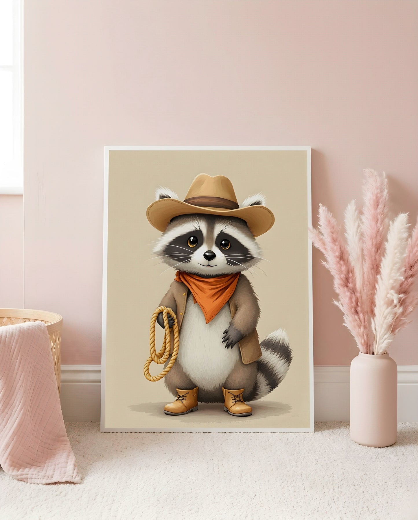 Nursery Raccoon Cowboy Retro Flat Illustration Printable Wall Art — leaning against a light wall in a styled setting