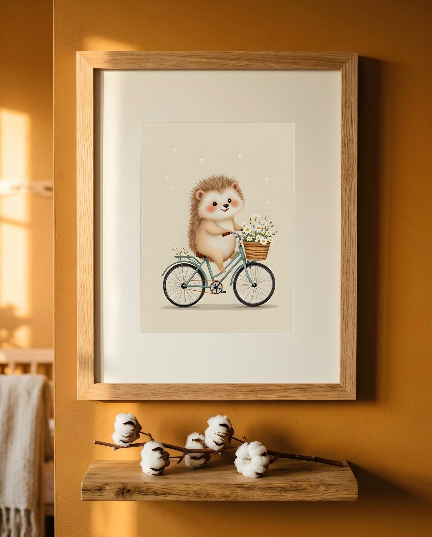 Nursery Retro Hedgehog Bicycle Printable Wall Art — close-up on a shelf alongside small ornaments