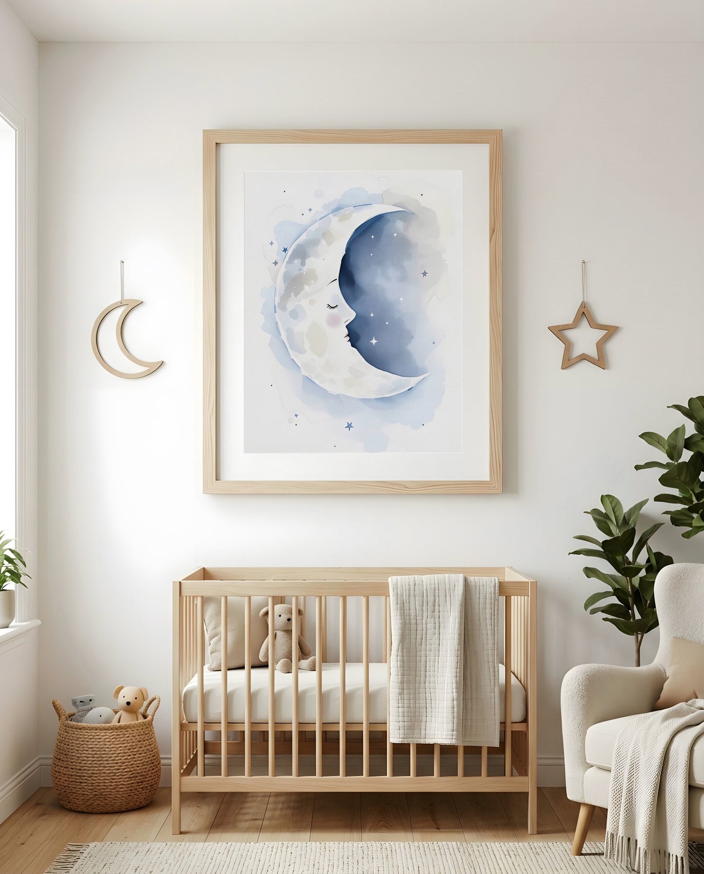 Nursery Sleeping Moon Minimal Watercolor Printable Wall Art — as part of a gallery wall arrangement