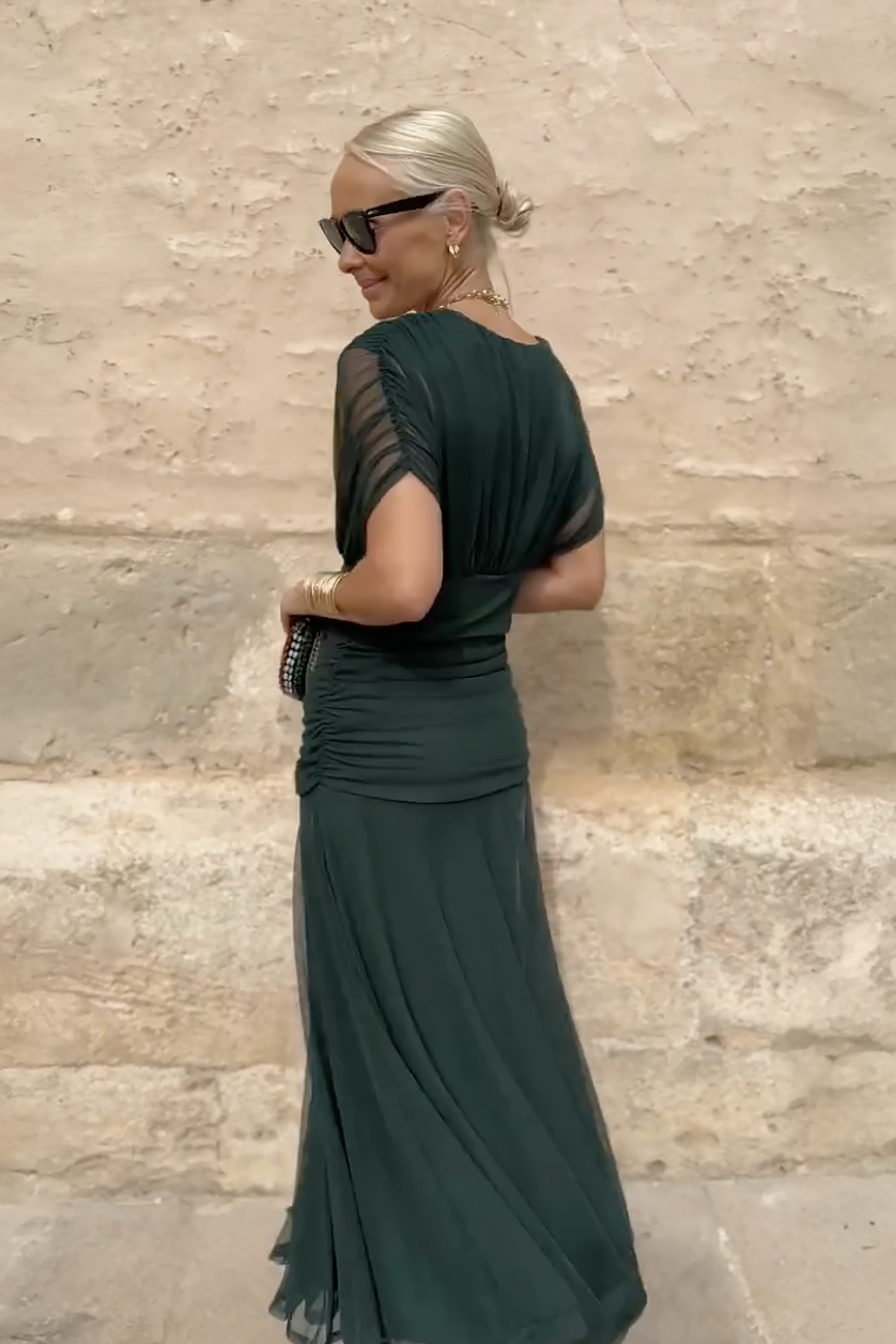Elegant V-Neck Maxi Dress | Flowing Cape Sleeve Gown - View 5