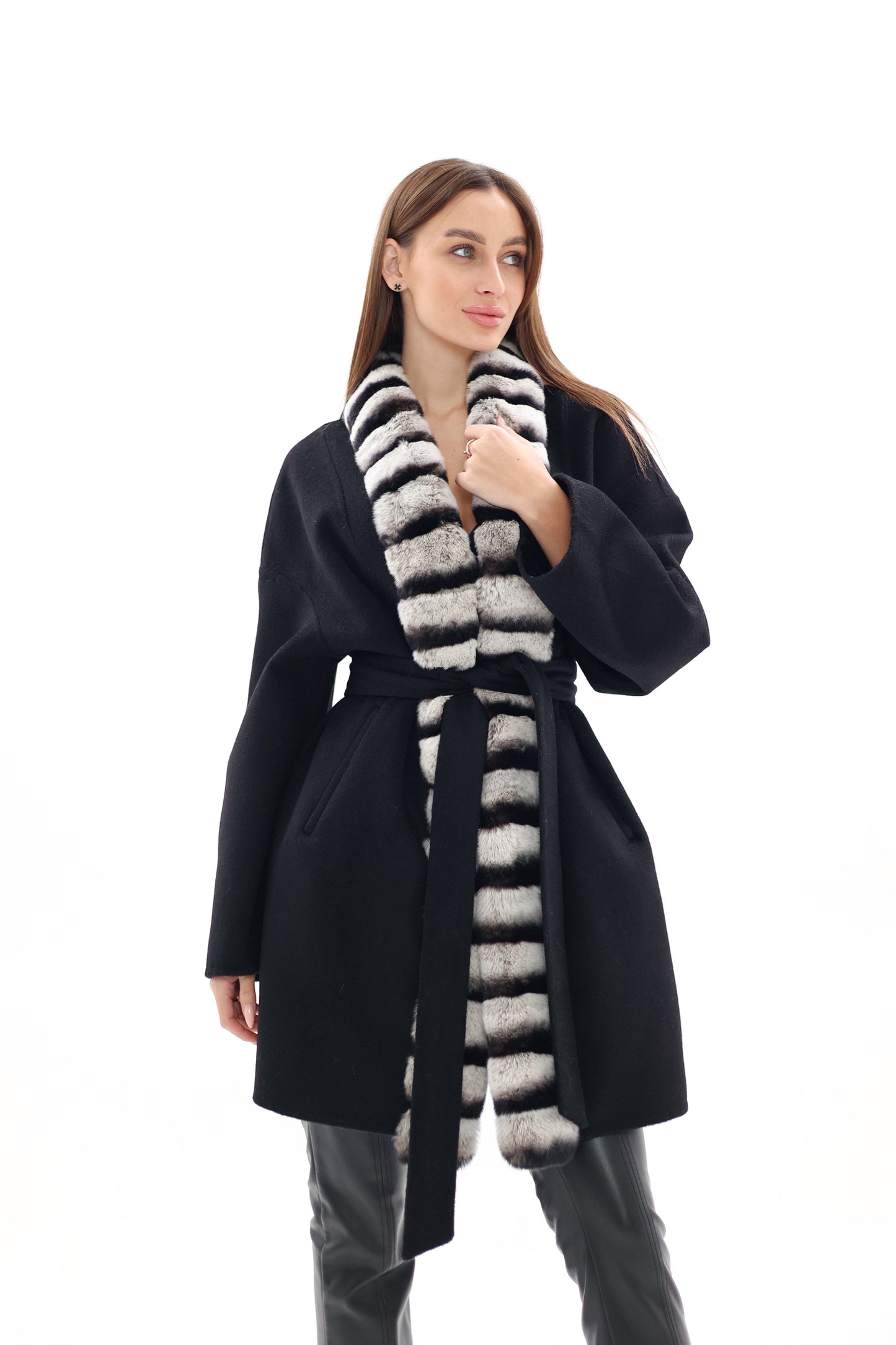 Genuine  French Orylag Fur Italian Cashmere Wool Coat 85cm