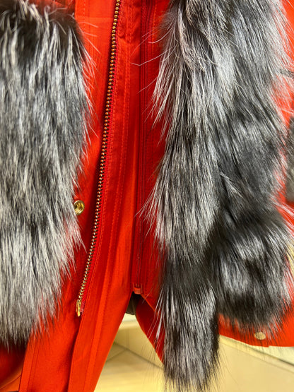 Roma Genuine Silver Fox Fur Rabbit Fur Insulated Parka in Red