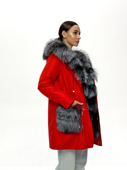 Roma Genuine Silver Fox Fur Rabbit Fur Insulated Parka in Red