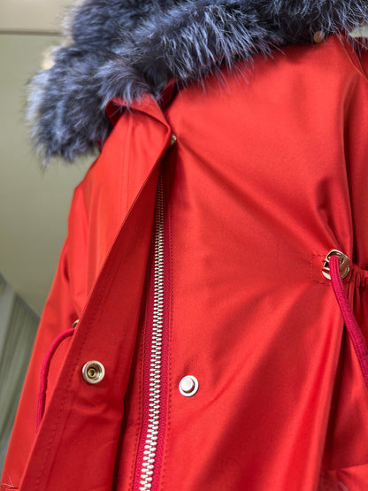 Roma Genuine Silver Fox Fur Rabbit Fur Insulated Parka in Red