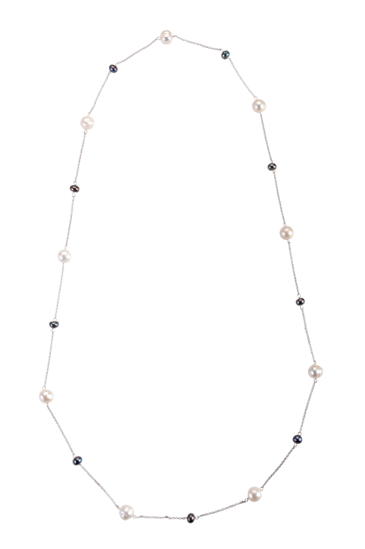 Black and white pearl rope necklace on stainless