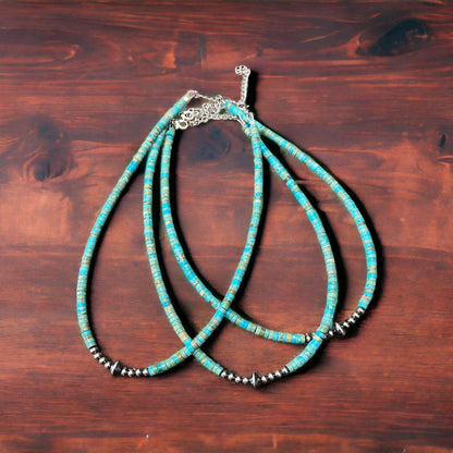 4mm Sterling Pearls and Sterling Saucer Accent Bead Turquoise Choker - 14 inch