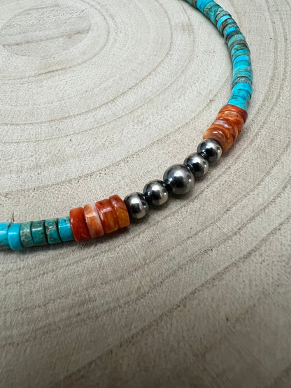 4mm Sterling Pearls, Variscite Turquoise and Spiny Oyster - The Vibrant Choker