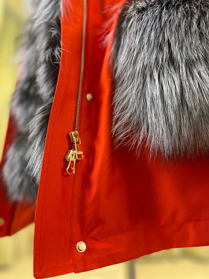 Roma Genuine Silver Fox Fur Rabbit Fur Insulated Parka in Red