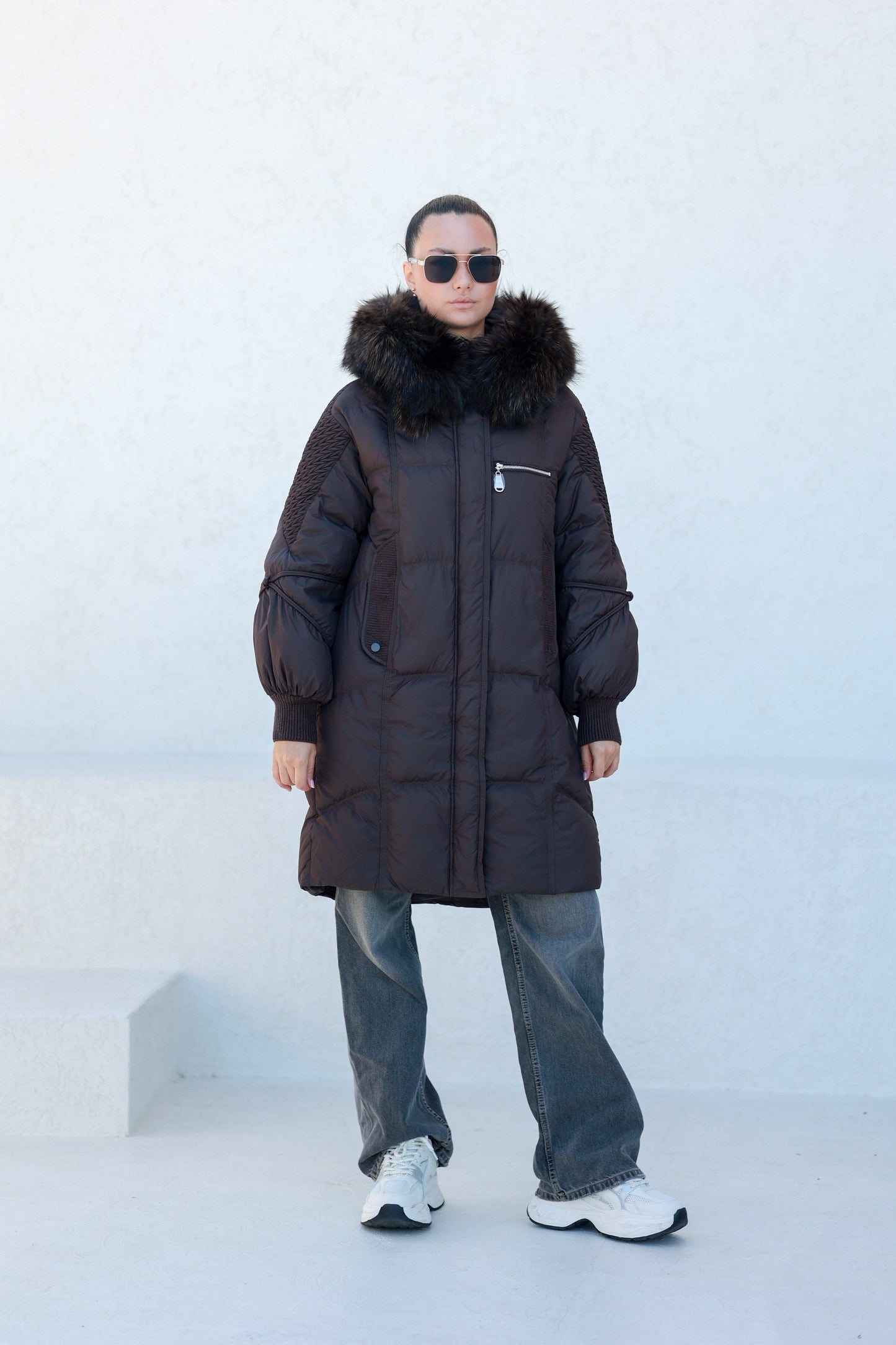 Dakota Genuine Fur Trim Down Fill Coat in Chocolate