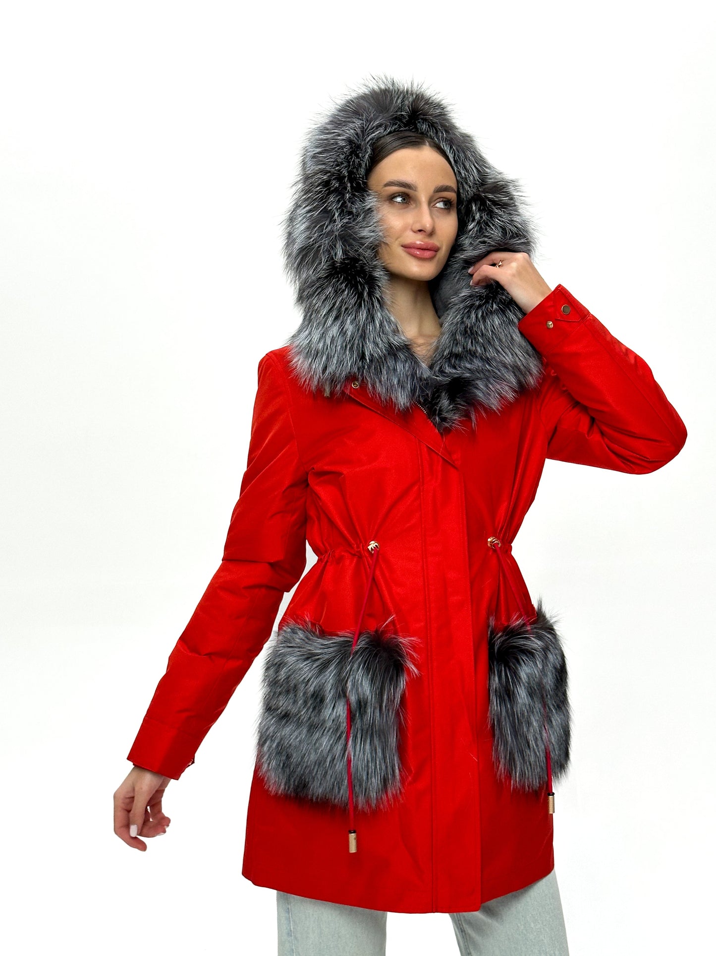 Roma Genuine Silver Fox Fur Rabbit Fur Insulated Parka in Red