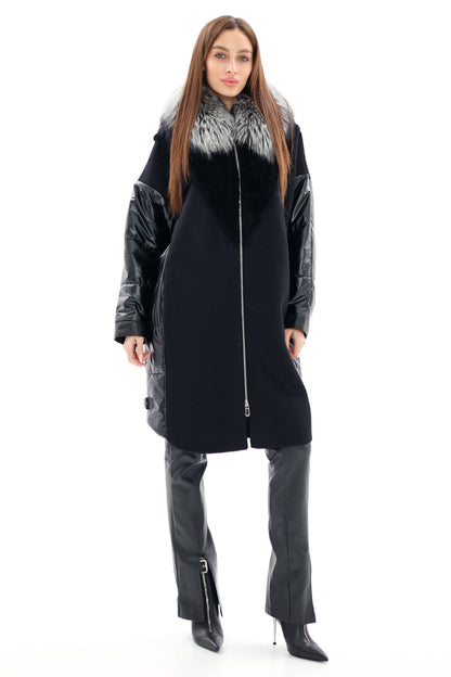 Genuine Silver Fox Fur Italian Cashmere Wool Freudenberg Comfortemp® Coat