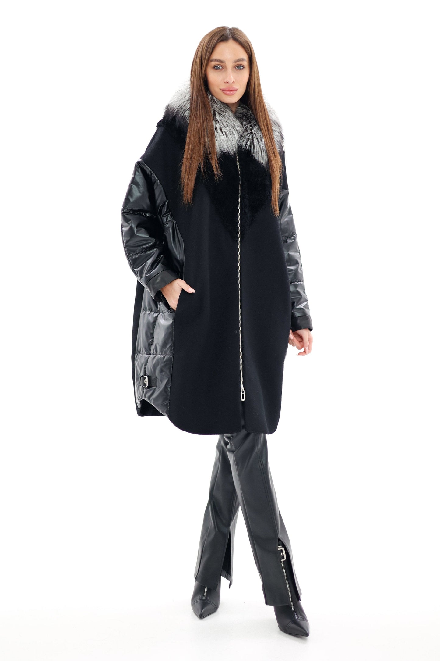 Genuine Silver Fox Fur Italian Cashmere Wool Freudenberg Comfortemp® Coat